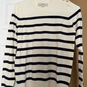 LOFT Navy and White Striped Button-Shoulder Sweater